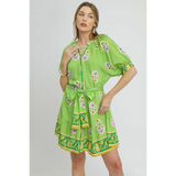 Trendsi casual neon green matching set with floral print and belted waist shorts set
