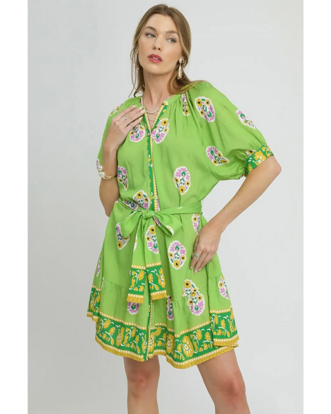 Trendsi casual neon green matching set with floral print and belted waist shorts set