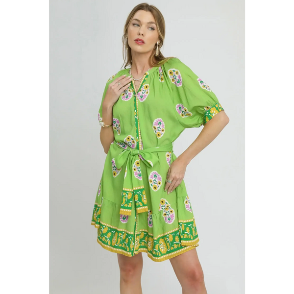Trendsi casual neon green matching set with floral print and belted waist shorts set