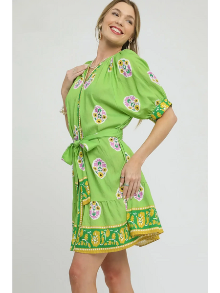 Trendsi casual neon green matching set shorts with floral patterns and belt detail