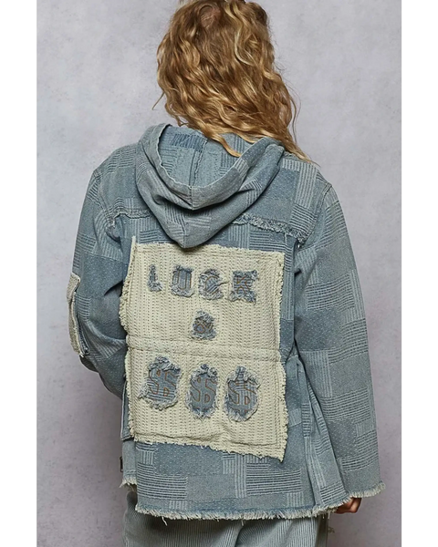 long sleeve casual resort wear jacket for women with patchwork design and hood