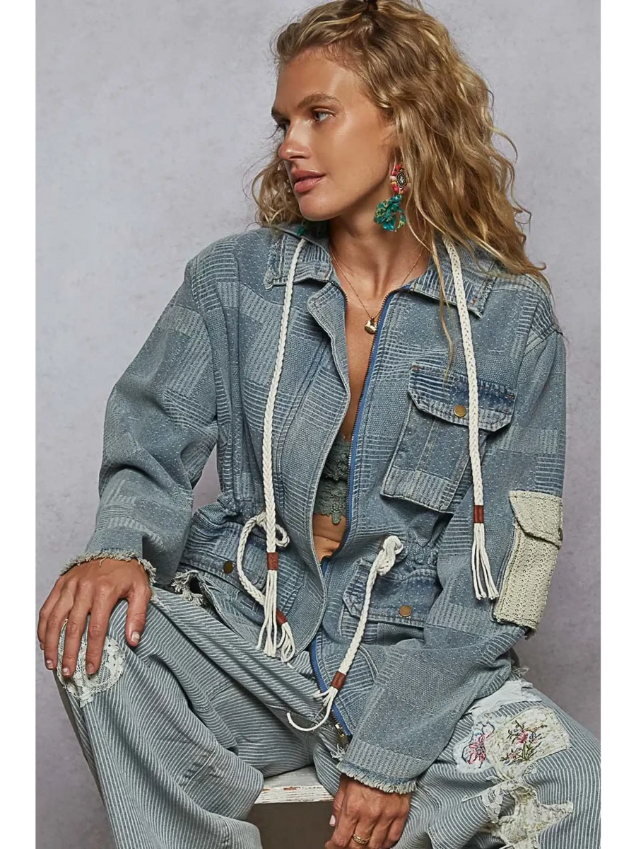  casual resort wear jacket for women with patchwork design and drawstring waist