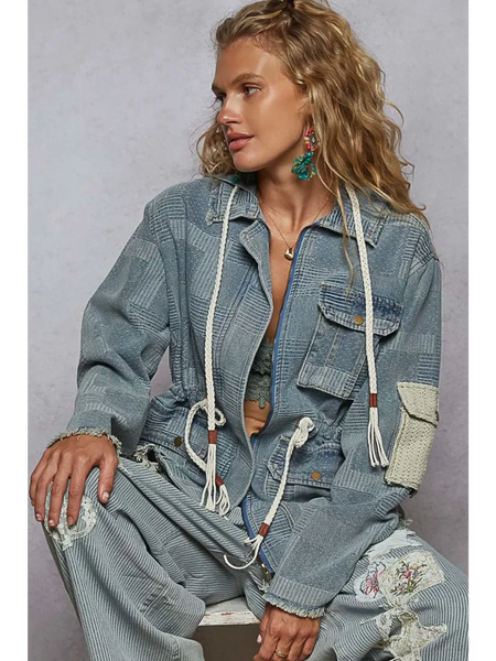  casual resort wear jacket for women with patchwork design and drawstring waist