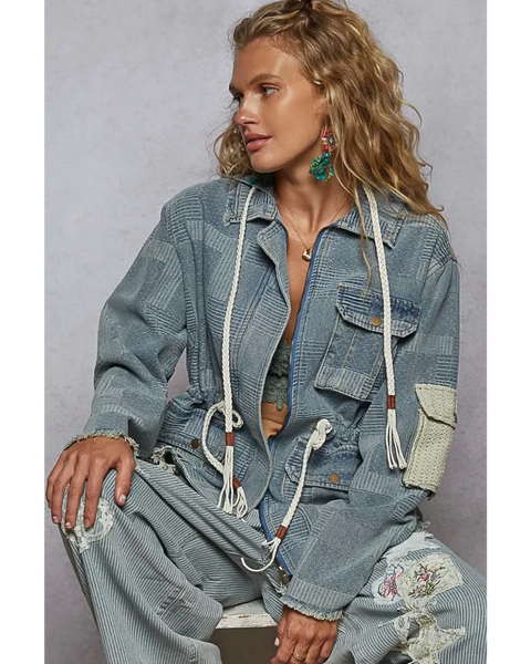  casual resort wear jacket for women with patchwork design and drawstring waist
