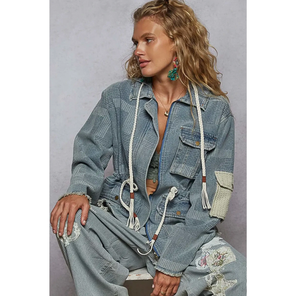  casual resort wear jacket for women with patchwork design and drawstring waist