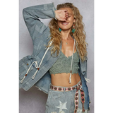  casual resort wear jacket for women in blue long sleeve with drawstring details
