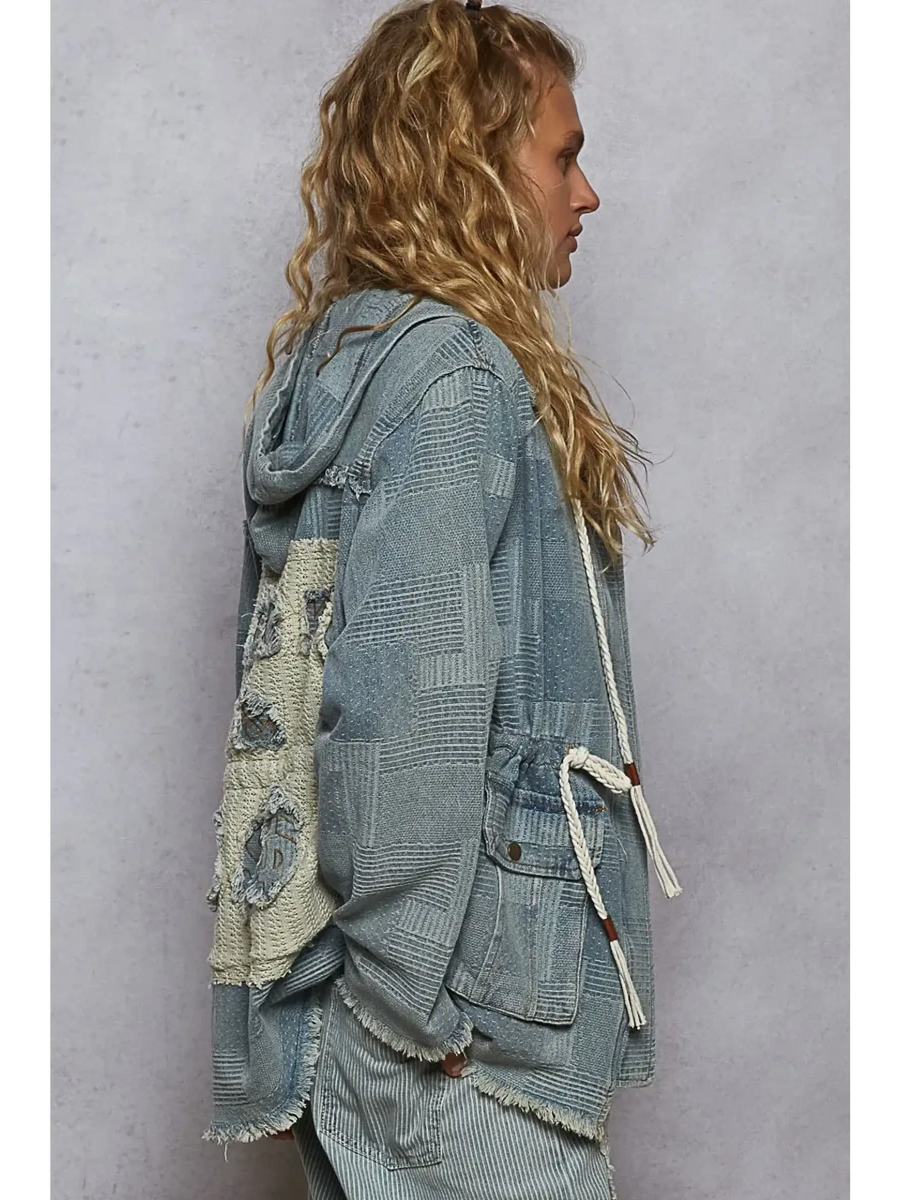 long sleeve casual resort wear jacket for women with hood and drawstring waist in blue