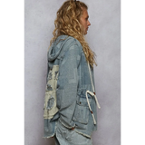long sleeve casual resort wear jacket for women with hood and drawstring waist in blue