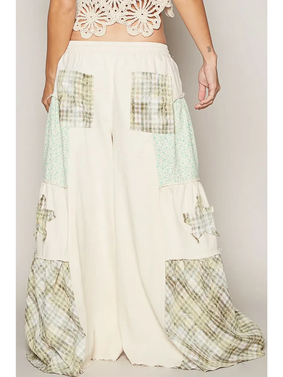 Babe Beachwear  casual summer pants with pockets featuring patchwork design and relaxed fit
