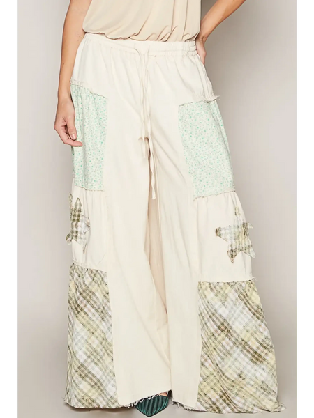 Babe Beachwear casual summer pants with pockets in cream featuring patchwork and wide legs