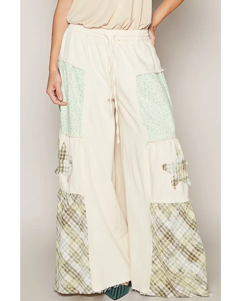 Babe Beachwear casual summer pants with pockets in cream featuring patchwork and wide legs