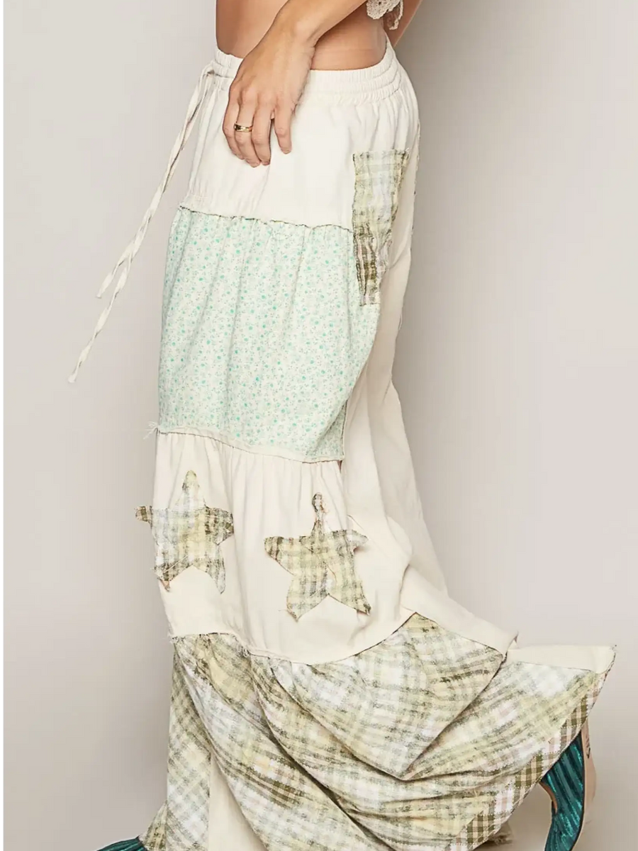 Babe Beachwear casual summer pants with pockets featuring patchwork design and star patterns