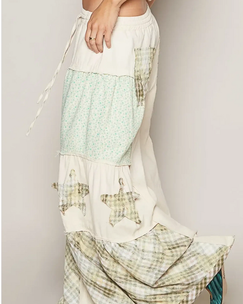 Babe Beachwear casual summer pants with pockets featuring patchwork design and star patterns