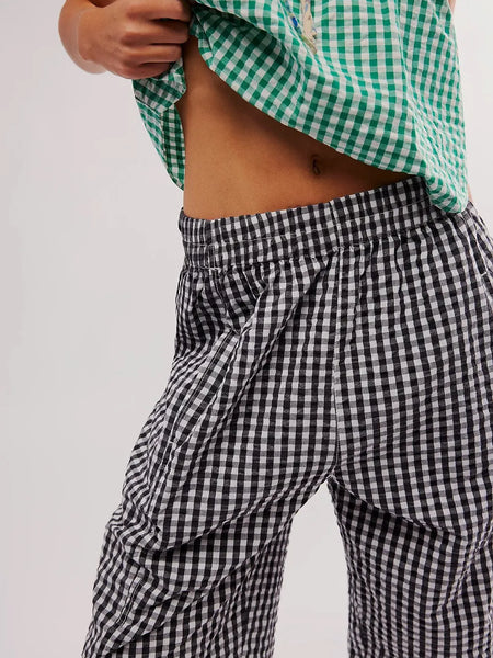 Trendsi black and white checkered casual vacation pants women with elastic waistband