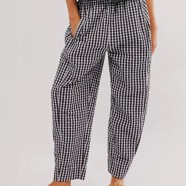 Trendsi black and white checkered casual vacation pants women with elastic waistband and side pockets