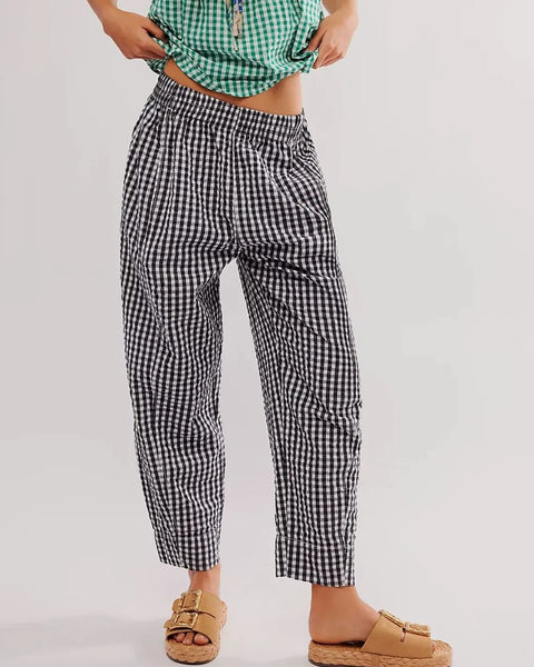 Trendsi casual vacation pants women black and white checkered with elastic waist and relaxed fit