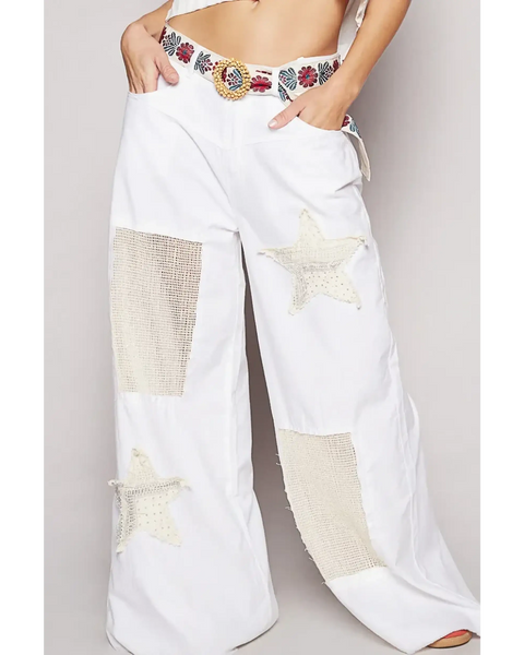 Babe Beachwear casual white summer resort pants with star and patch details and wide leg fit