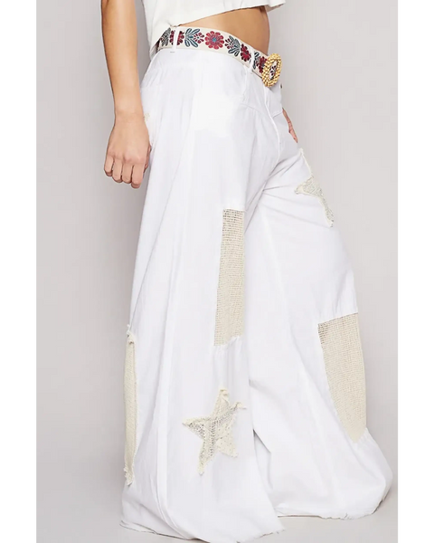 Babe Beachwear casual white summer resort pants with star patch details and wide leg fit