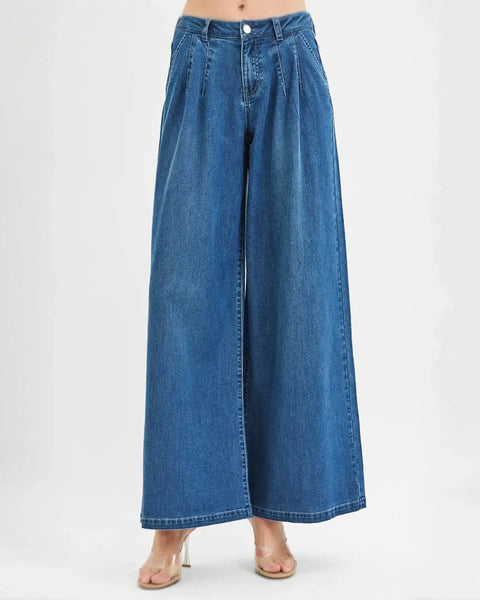 Trendsi casual wide leg jeans for juniors in blue denim with high waist and front pockets