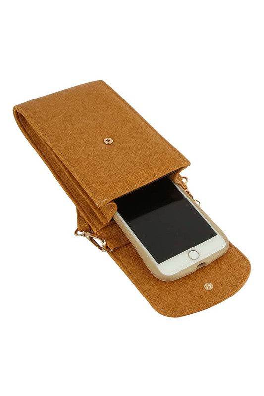 Babe Beachwear brown cell phone crossbody chain bag with snap closure and smartphone inside