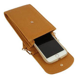 Babe Beachwear brown cell phone crossbody chain bag with snap closure and smartphone inside