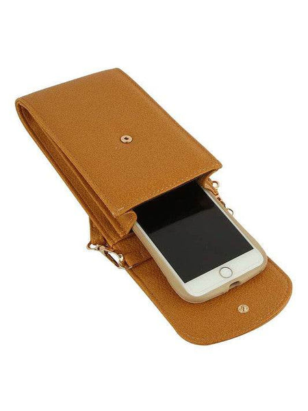 Babe Beachwear brown cell phone crossbody chain bag with snap closure and smartphone inside