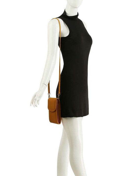 Babe Beachwear cell phone crossbody chain bag in brown worn with black sleeveless dress on mannequin