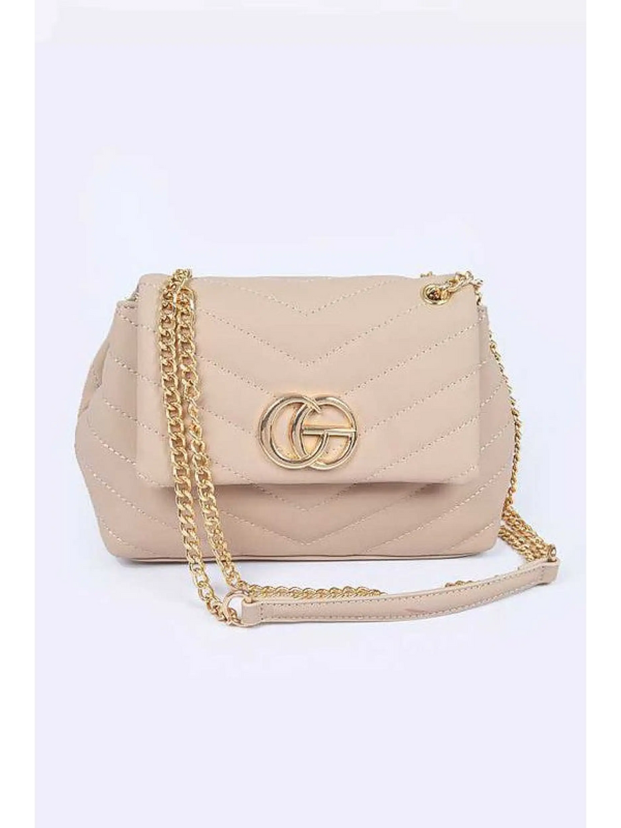 Babe Beachwear CG Logo Quilted Shoulder Bag in beige with gold chain strap and double G logo