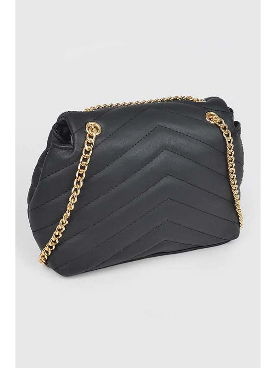 Babe Beachwaer black CG Logo Quilted Shoulder Bag with gold chain strap and chevron stitching