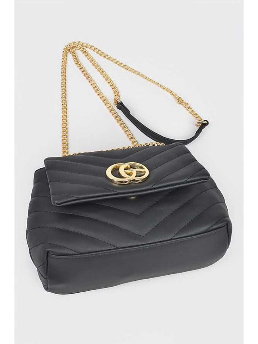 Black CG Logo Quilted Shoulder Bag with gold chain strap and chevron stitching design