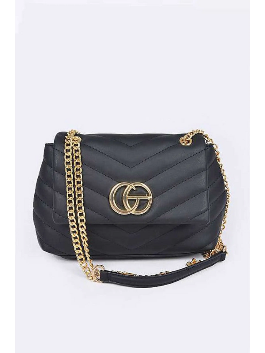 Babe Beachwaer black CG Logo Quilted Shoulder Bag with gold chain strap and chevron pattern