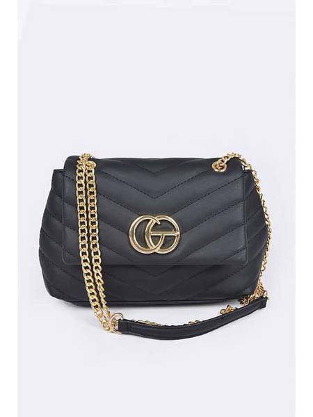 Babe Beachwaer black CG Logo Quilted Shoulder Bag with gold chain strap and chevron pattern