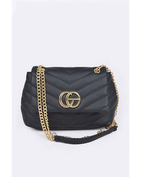 Babe Beachwaer black CG Logo Quilted Shoulder Bag with gold chain strap and chevron pattern