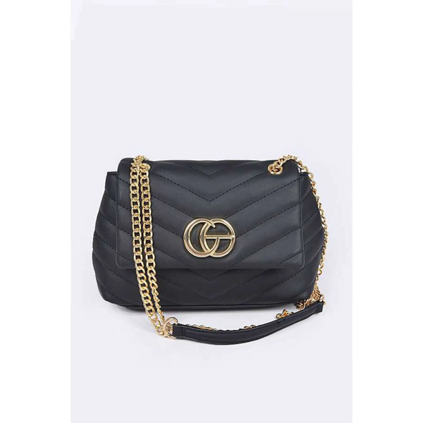 Babe Beachwaer black CG Logo Quilted Shoulder Bag with gold chain strap and chevron pattern