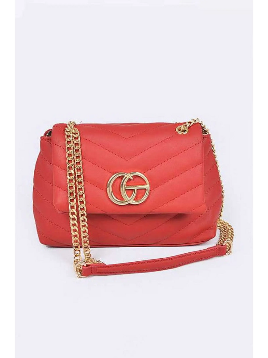 Babe Beachwaer red CG Logo Quilted Shoulder Bag with gold chain strap and chevron quilting