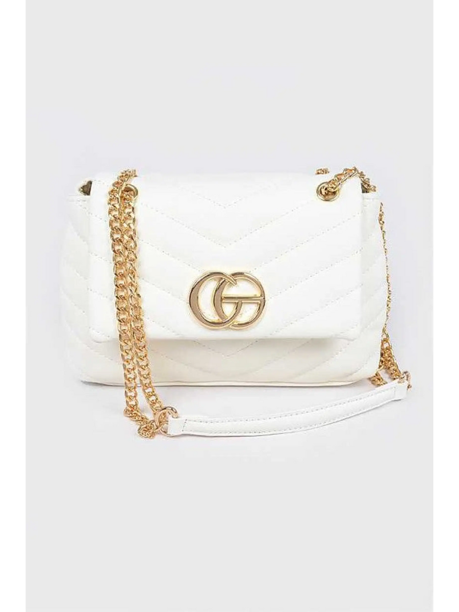 White CG Logo Quilted Shoulder Bag with gold chain strap and textured chevron pattern