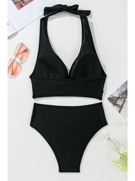 Beach Babes black swimsuit featuring cheeky bikini bottoms sporty top with halter neck design