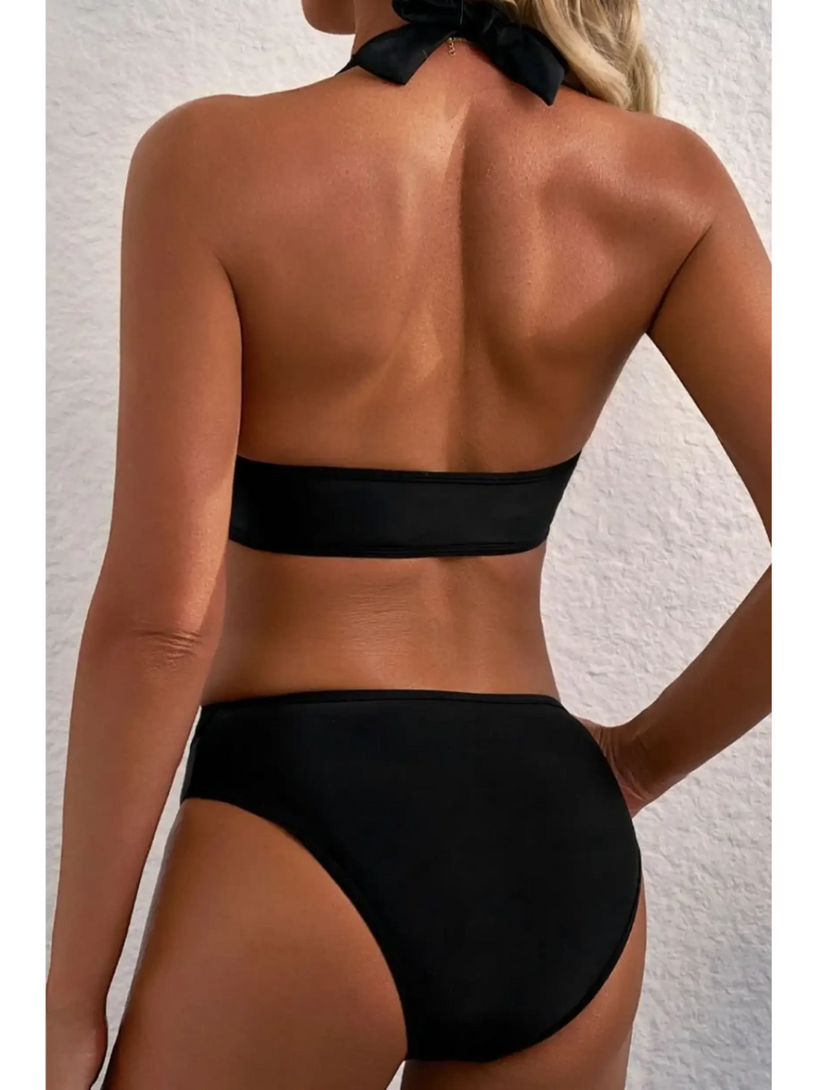 Beach Babes black cheeky bikini bottoms sporty top swimsuit shown from back