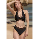Beach Babes black cheeky bikini bottoms sporty top swimsuit with mesh details on beach