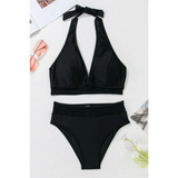 Beach Babes black cheeky bikini bottoms sporty top swimsuit set with halter neck and high-rise bottoms