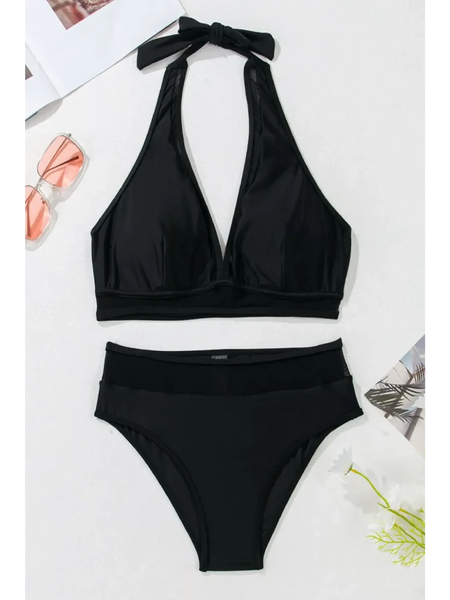 Beach Babes black cheeky bikini bottoms sporty top swimsuit set with halter neck and high-rise bottoms