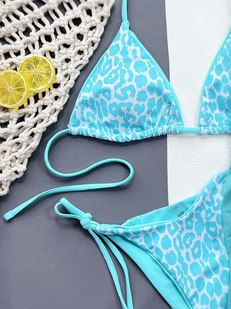 Beach Babes cheeky bottom triangle swimsuit in blue leopard print with adjustable ties and lemon slices
