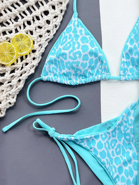 Beach Babes cheeky bottom triangle swimsuit in blue leopard print with adjustable ties and lemon slices
