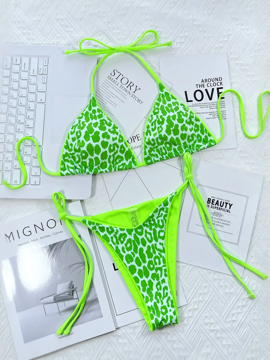 Beach Babes neon green leopard print cheeky bottom triangle swimsuit with adjustable ties