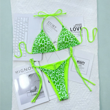 Beach Babes neon green leopard print cheeky bottom triangle swimsuit with adjustable ties