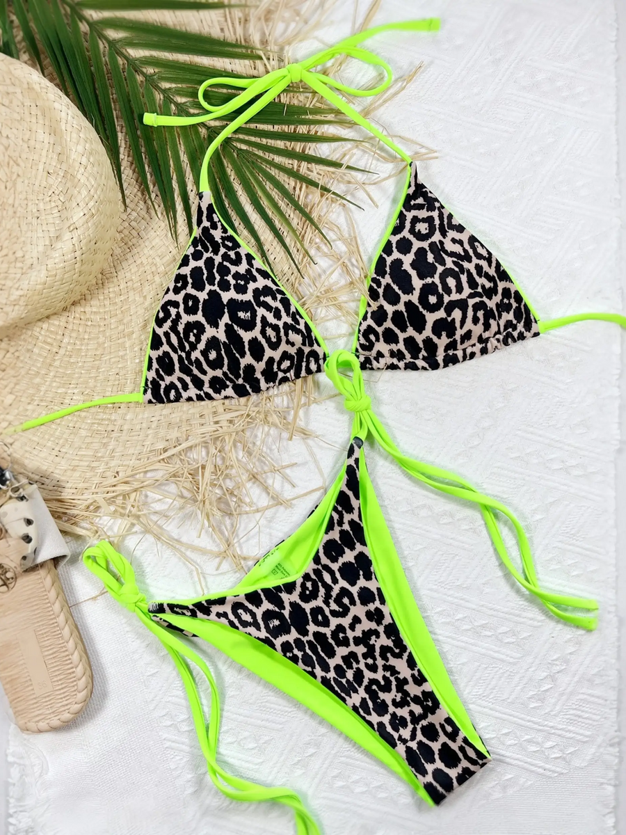 Beach Babes cheeky bottom triangle swimsuit in neon green and leopard print with tie straps