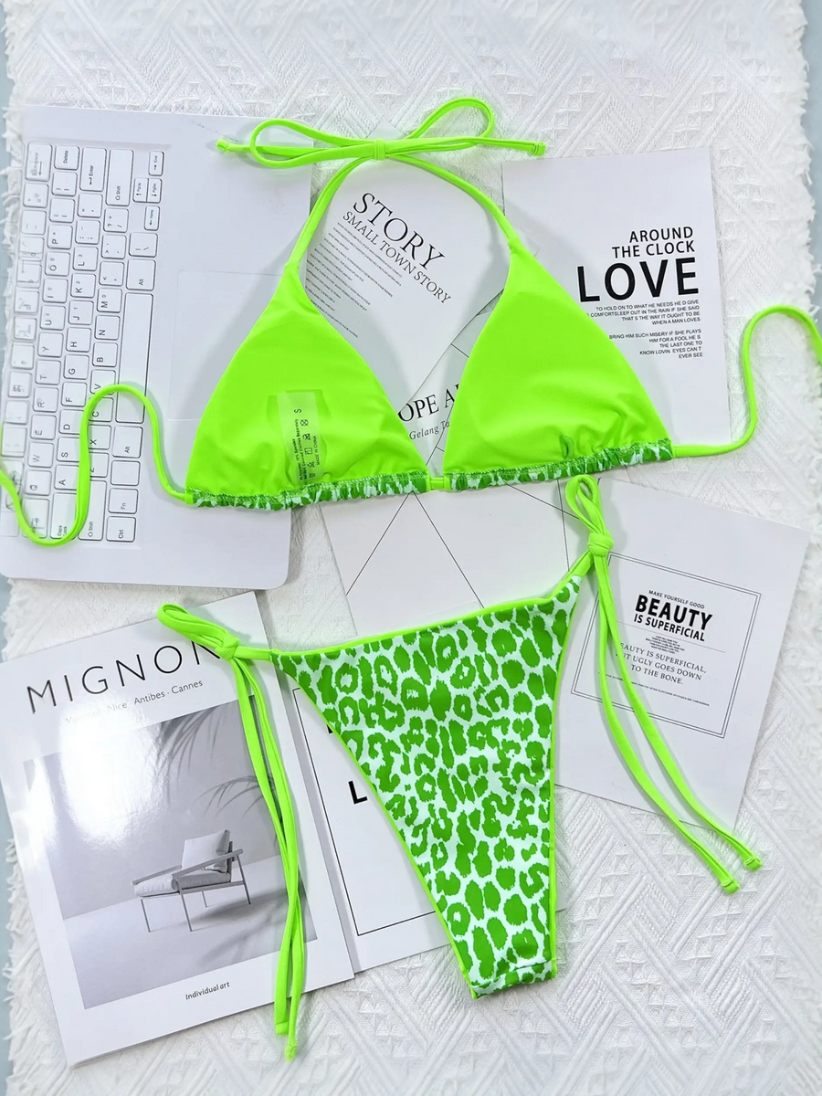 Beach Babes neon green cheeky bottom triangle swimsuit with solid triangle top and animal print bottom