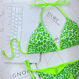 Beach Babes cheeky bottom triangle swimsuit in neon green with leopard print pattern