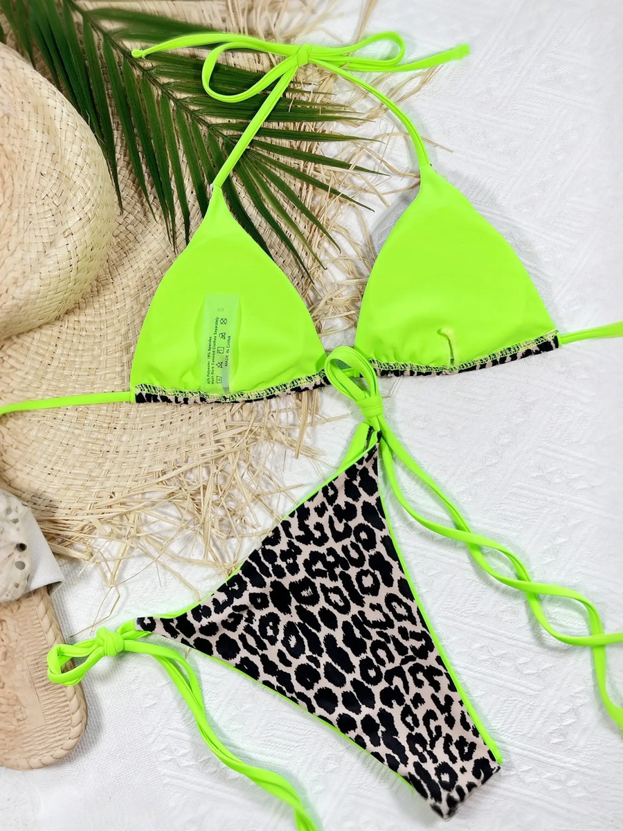 Beach Babes cheeky bottom triangle swimsuit with neon green top and leopard print bottom