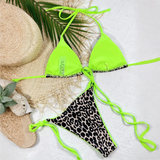 Beach Babes cheeky bottom triangle swimsuit with neon green top and leopard print bottom